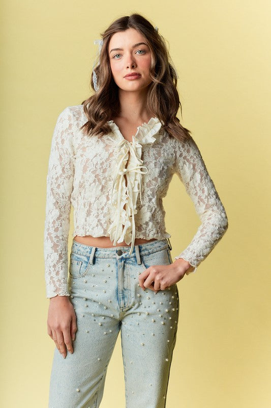 RARERAW Fitted Floral Lace Open Front Top with Ties in Ivory
