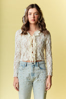 RARERAW Fitted Floral Lace Open Front Top with Ties in Ivory