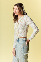 RARERAW Fitted Floral Lace Open Front Top with Ties in Ivory