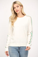 Load image into Gallery viewer, FATE Solid Color Knit Sweater with Striped Detailed Sleeves in White/Green/Orange
