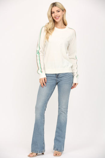 FATE Solid Color Knit Sweater with Striped Detailed Sleeves in White/Green/Orange