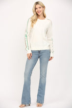 Load image into Gallery viewer, FATE Solid Color Knit Sweater with Striped Detailed Sleeves in White/Green/Orange
