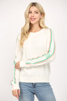 FATE Solid Color Knit Sweater with Striped Detailed Sleeves in White/Green/Orange