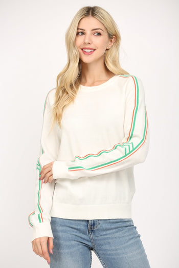 FATE Solid Color Knit Sweater with Striped Detailed Sleeves in White/Green/Orange