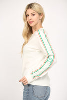 FATE Solid Color Knit Sweater with Striped Detailed Sleeves in White/Green/Orange