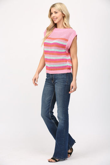 FATE Multi Colored Striped Open Knit Sweater in Pink Multi