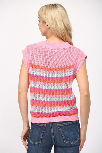 FATE Multi Colored Striped Open Knit Sweater in Pink Multi