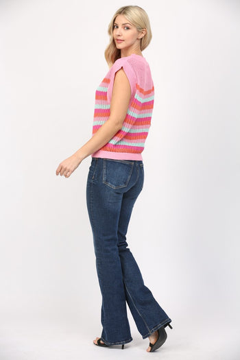 FATE Multi Colored Striped Open Knit Sweater in Pink Multi