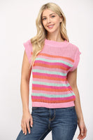 FATE Multi Colored Striped Open Knit Sweater in Pink Multi
