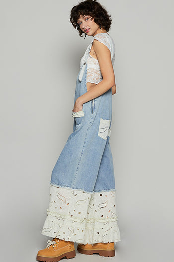 POL Floral Print Jumpsuit with Ruffle Details in Denim Floral