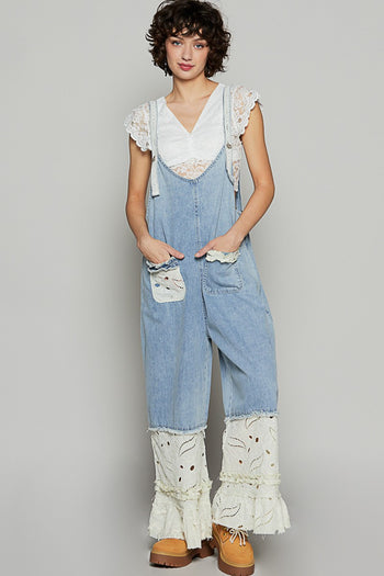 POL Floral Print Jumpsuit with Ruffle Details in Denim Floral