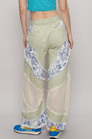 POL Denim Pants with Contrasting Floral and Crochet Panels in Pistachio