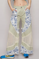 POL Denim Pants with Contrasting Floral and Crochet Panels in Pistachio