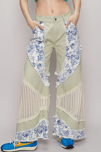 POL Denim Pants with Contrasting Floral and Crochet Panels in Pistachio