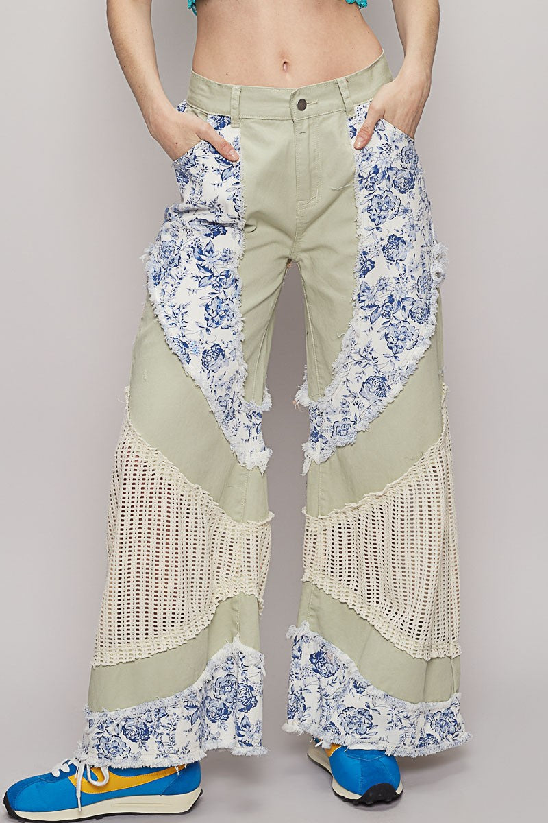 POL Denim Pants with Contrasting Floral and Crochet Panels in Pistachio