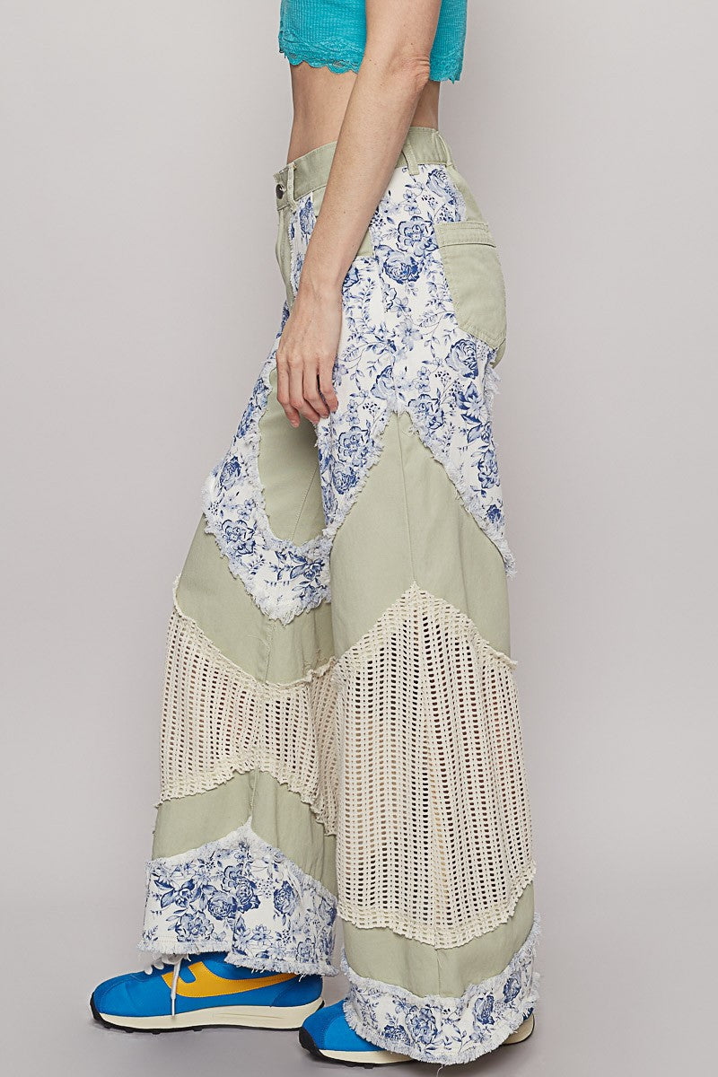 POL Denim Pants with Contrasting Floral and Crochet Panels in