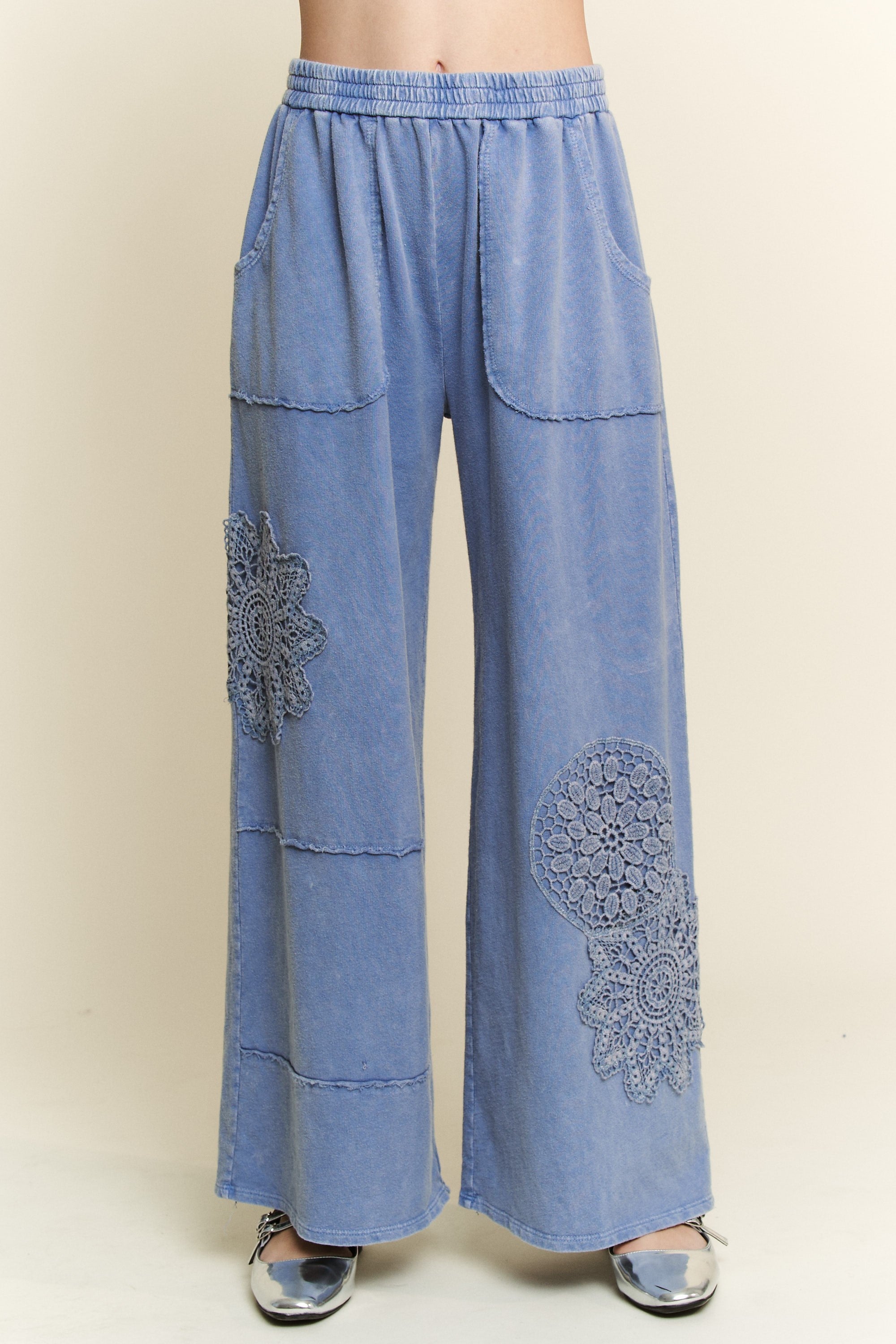 J.Her Mineral Washed Solid Color Pants with Lace Patches in Denim