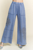 J.Her Mineral Washed Solid Color Pants with Lace Patches in Denim Blue