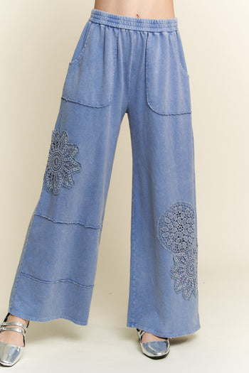 J.Her Mineral Washed Solid Color Pants with Lace Patches in Denim Blue