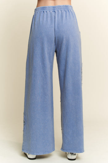 J.Her Mineral Washed Solid Color Pants with Lace Patches in Denim Blue