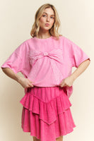 J.Her Mineral Washed Ribbon Bow Front Top in Bubble Gum