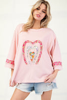 Easel Mixed Print Patched Front Cotton Knit Top in Antique Rose
