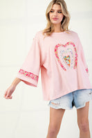 Easel Mixed Print Patched Front Cotton Knit Top in Antique Rose