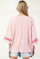 Easel Mixed Print Patched Front Cotton Knit Top in Antique Rose
