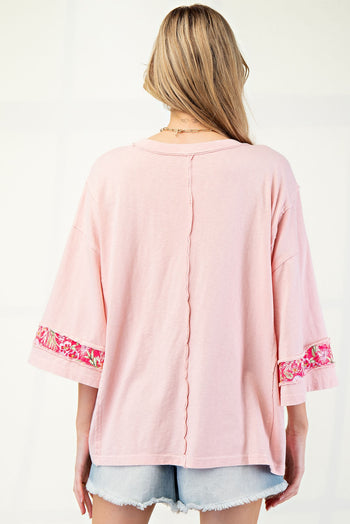 Easel Mixed Print Patched Front Cotton Knit Top in Antique Rose