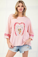 Easel Mixed Print Patched Front Cotton Knit Top in Antique Rose