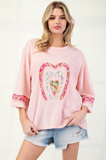 Easel Mixed Print Patched Front Cotton Knit Top in Antique Rose