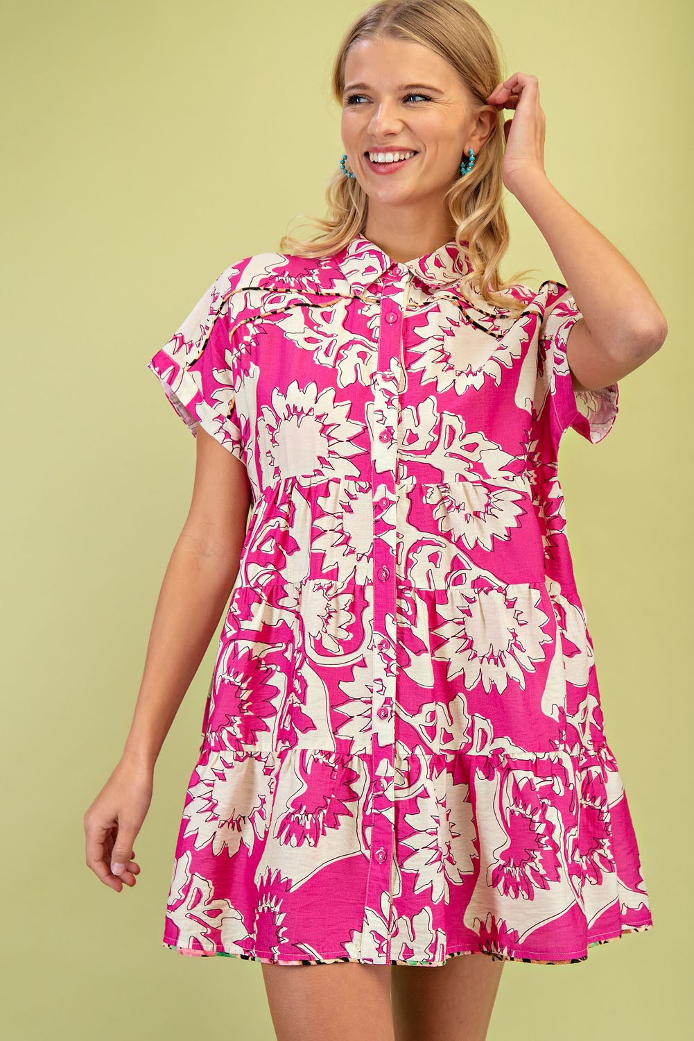 GiGio Floral Print Button Down Dress in Fuchsia Mix