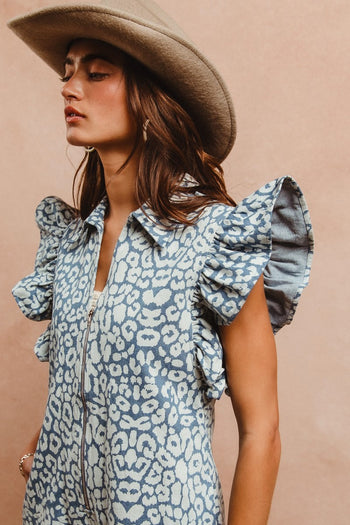 BiBi Washed Leopard Print Zip Up Front Romper in Leopard Denim