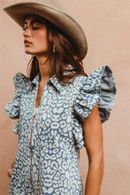 Load image into Gallery viewer, BiBi Washed Leopard Print Zip Up Front Romper in Leopard Denim
