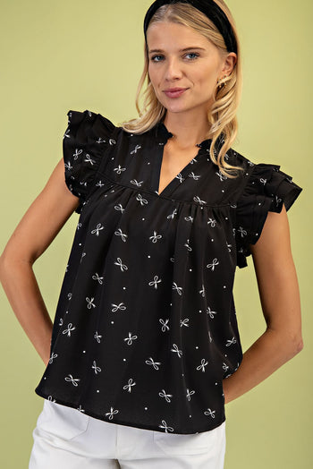 GiGio Lightweight Bow Print Top in Black