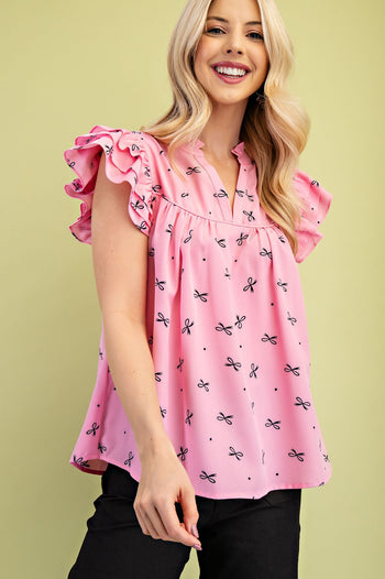 GiGio Lightweight Bow Print Top in Pink