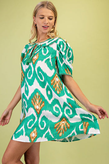 GiGio Peter Pan Collar Printed Mini Dress in Green Mix