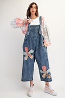 Easel OVERSIZED Flower Patched Overalls in Dark Denim
