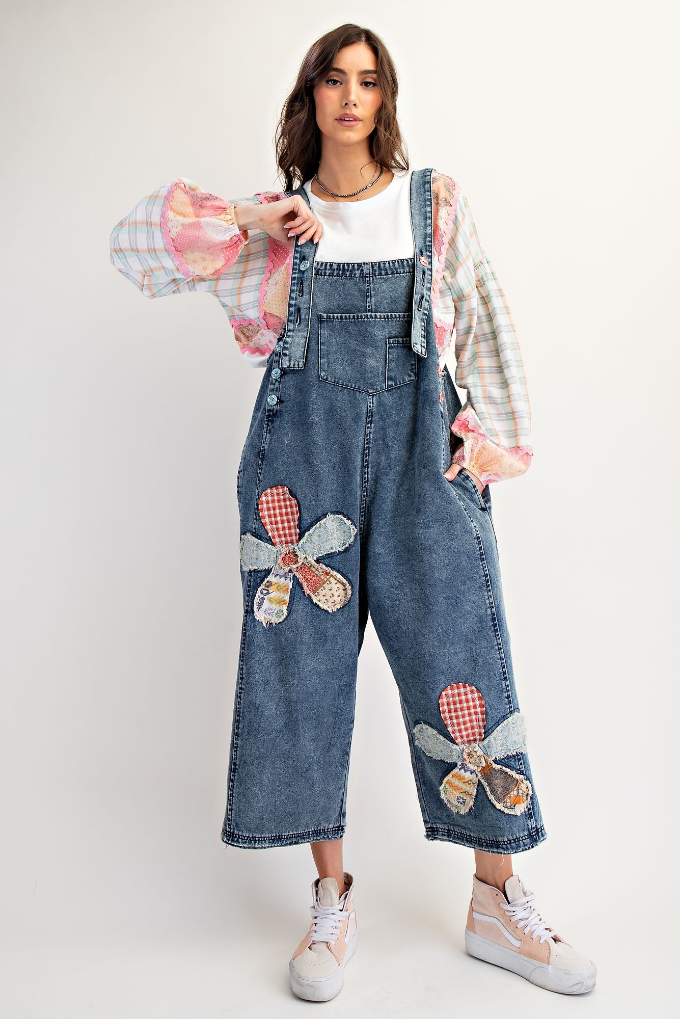Easel OVERSIZED Flower Patched Overalls in Dark Denim – June Adel