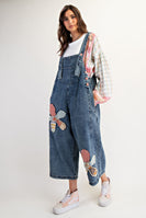 Easel OVERSIZED Flower Patched Overalls in Dark Denim