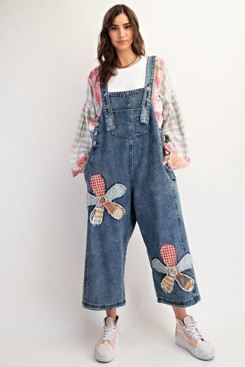 Easel OVERSIZED Flower Patched Overalls in Dark Denim