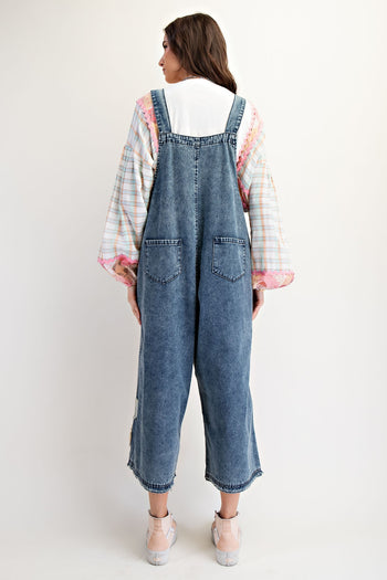 Easel OVERSIZED Flower Patched Overalls in Dark Denim