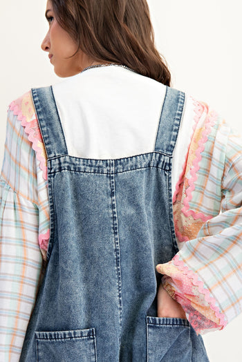 Easel OVERSIZED Flower Patched Overalls in Dark Denim