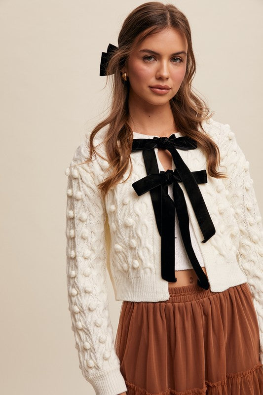 Listicle Open Front Cable Knit Cardigan with Contrasting Color Bow