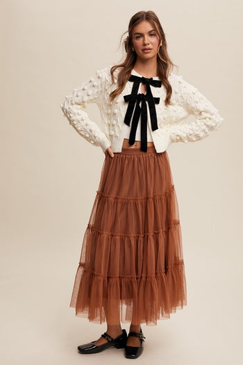 Listicle Open Front Cable Knit Cardigan with Contrasting Color Bow Tie Front in Cream