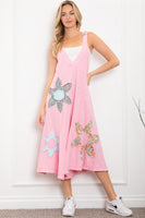 BlueVelvet Mixed Print Flower Patched Overalls in Light Pink