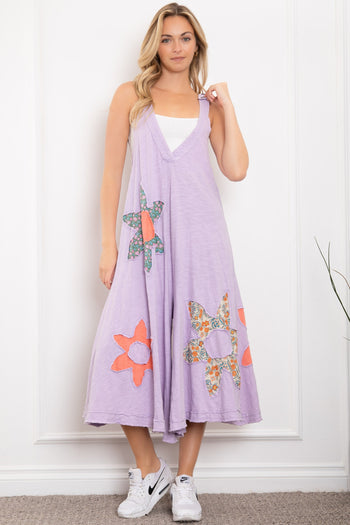 BlueVelvet Mixed Print Flower Patched Overalls in Lavender