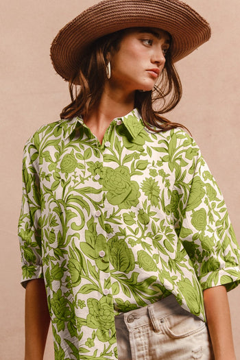 BiBi Floral Print Button Down Top in Light Olive/Ivory