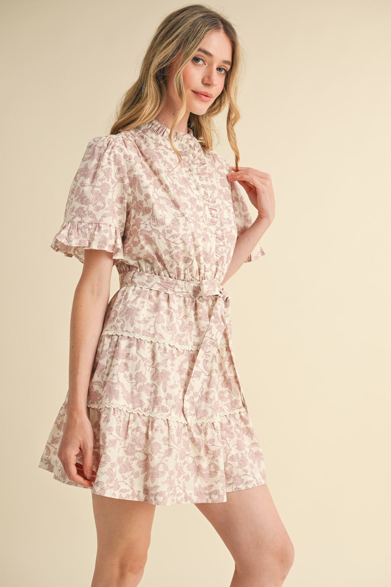 &merci Floral Print Belted Tiered Mini Dress in Ivory Pink Floral