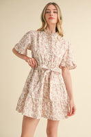 &merci Floral Print Belted Tiered Mini Dress in Ivory Pink Floral